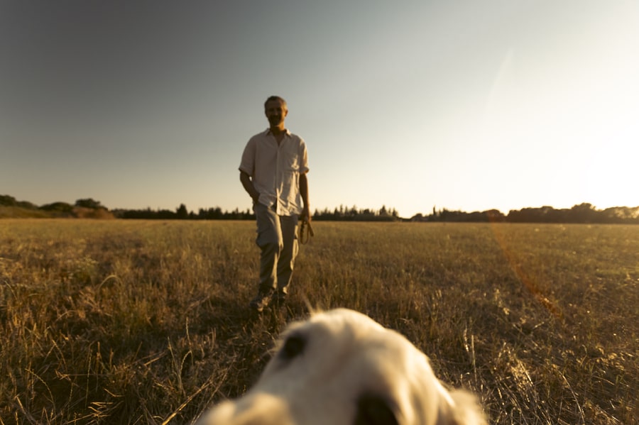 man walking dog in a park in vilamoura