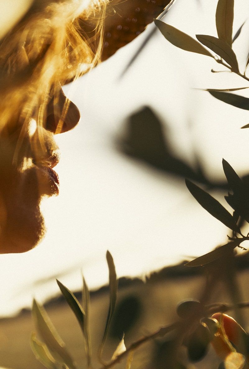 woman touching olive tree - nature in vilamoura